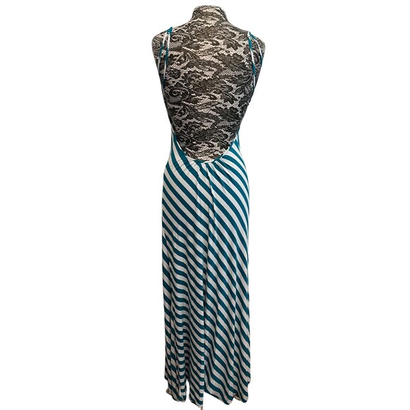 Paradise Maxi Dress Blue White Striped Backless‎ Sleeveless Asymmetrical Hem  L - Picture 2 of 15